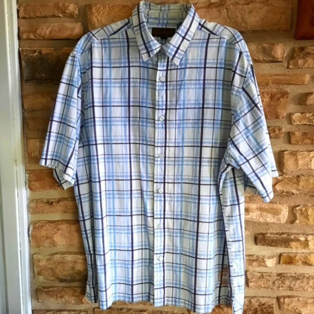 Timberland Short Sleeve Button Down Shirt Blue Plaid Logo Men's Size XL
